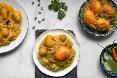 Sylheti Biron Polau -Turmeric Sticky Rice with Potatoes & Eggs in Caramelized Onions