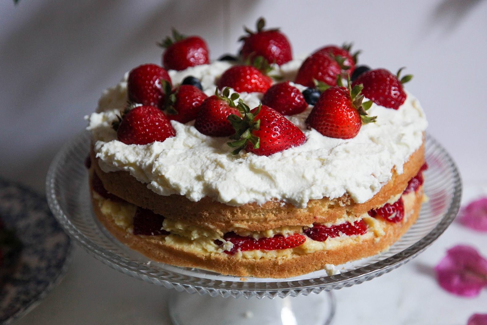 Strawberry Cake with Chantilly Cream, decorated and ready to serve