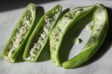 Chichinga sliced in half vertically, exposing the chamber of seed pods inside