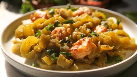 Bangladeshi Chichinga Chingri (Sauteed Snake Gourd with Shrimp) ready to eat