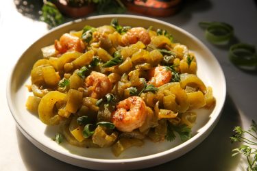 Bangladeshi Chichinga Chingri (Sauteed Snake Gourd with Shrimp) ready to eat