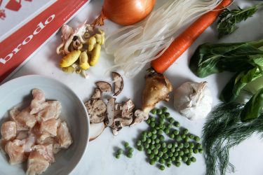 Ingredients for Easy Nutritious Chicken Vegetable Soup with Noodles in Bone Broth. Have it to treat covid-19 at home.