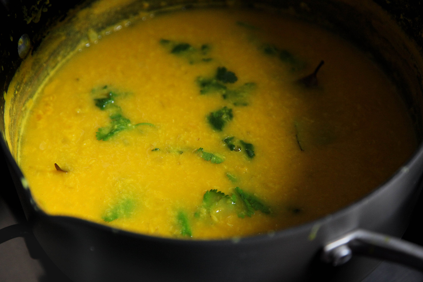 Cooked Golden Yellow Dal (Lentil Soup) with Turmeric, Garlic, Cilantro