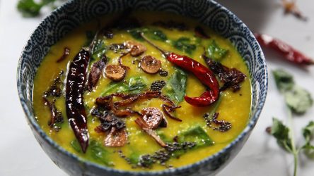 Golden Yellow Dal (Lentil Soup) with Turmeric, Garlic, Cilantro