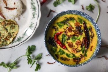 Golden Yellow Dal with Turmeric, Garlic, Cilantro. Bangladeshi home-style, delicious and nutritious.