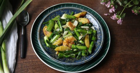Green Garlic Sautéed with Shrimp, Potatoes & Grated Coconut
