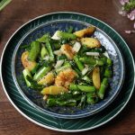 Green Garlic Sautéed with Shrimp, Potatoes & Grated Coconut