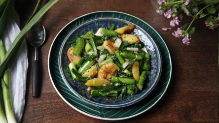 Green Garlic Sautéed with Shrimp, Potatoes & Grated Coconut