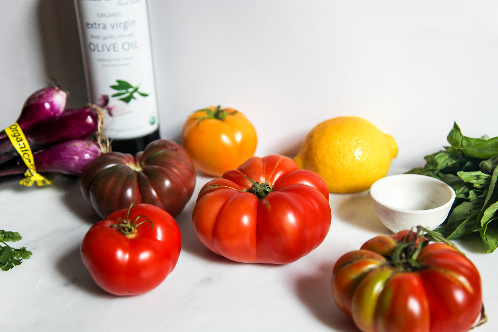 Ingredients for Portuguese-inspired Heirloom Tomato Salad