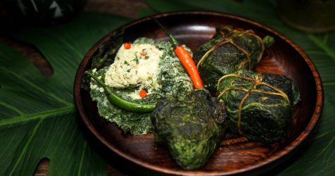 Paturi of Chicken Parcels wrapped in Lau Squash Leaves