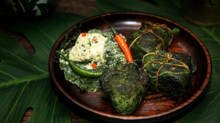 Paturi of Chicken Parcels wrapped in Squash Leaves