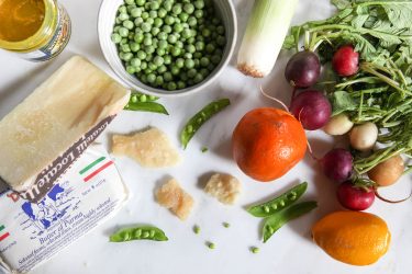 Ingredients for Spring Pea Salad with Leeks, Radish, Citrus Zest and Aged Parmigiano-Reggiano & Pecorino-Romano Cheeses