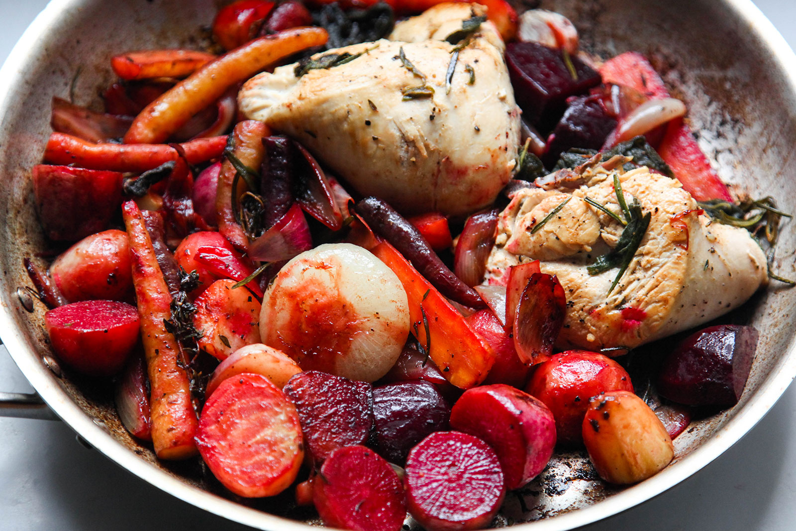 Roasted Root Vegetables & Chicken with Sage, Thyme, Rosemary