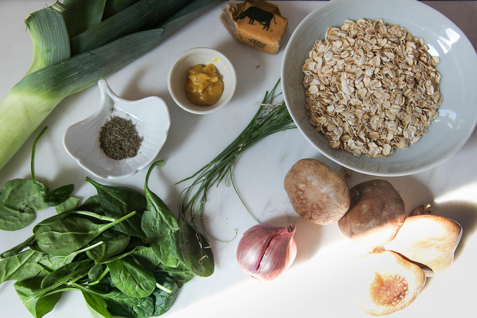 Ingredients for Savory Oatmeal with leeks, shiitake mushrooms, and spinach