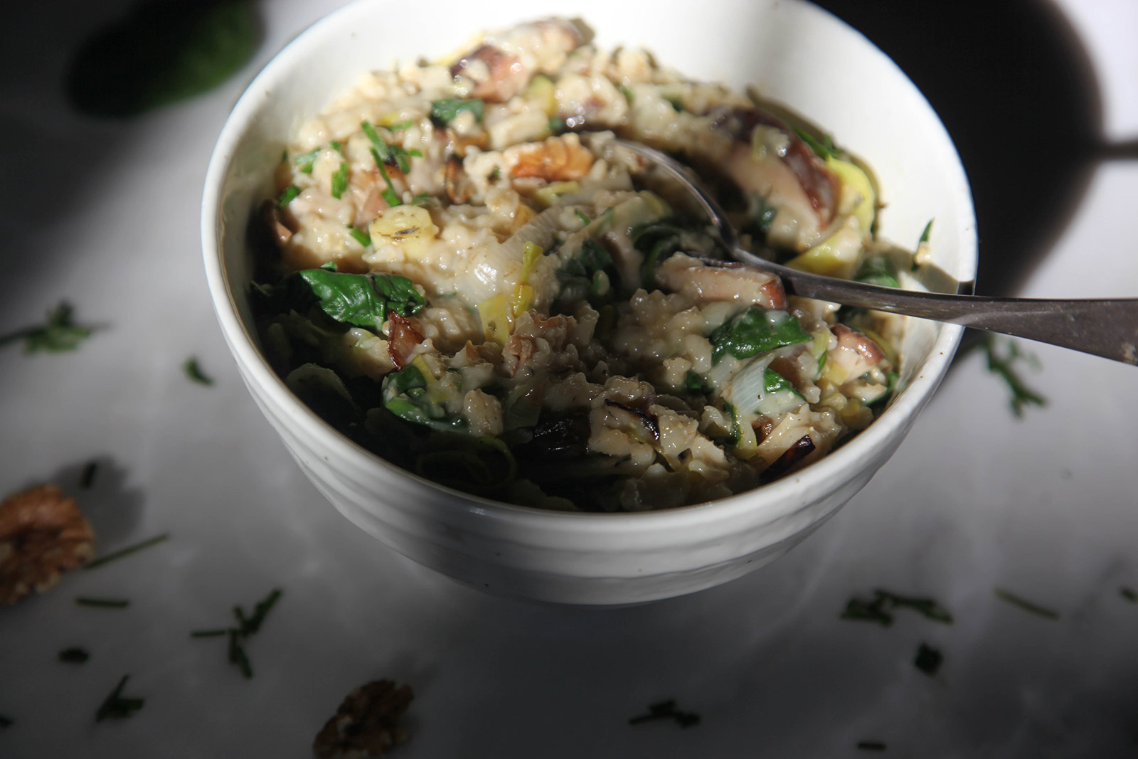 Savory Oatmeal with leeks, shiitake mushrooms, and spinach