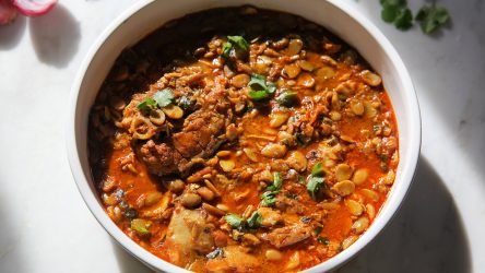 Sheem Bichi diye Maach - Bangladeshi Fish Curry with Hyacinth Bean Seeds. Served in a bowl