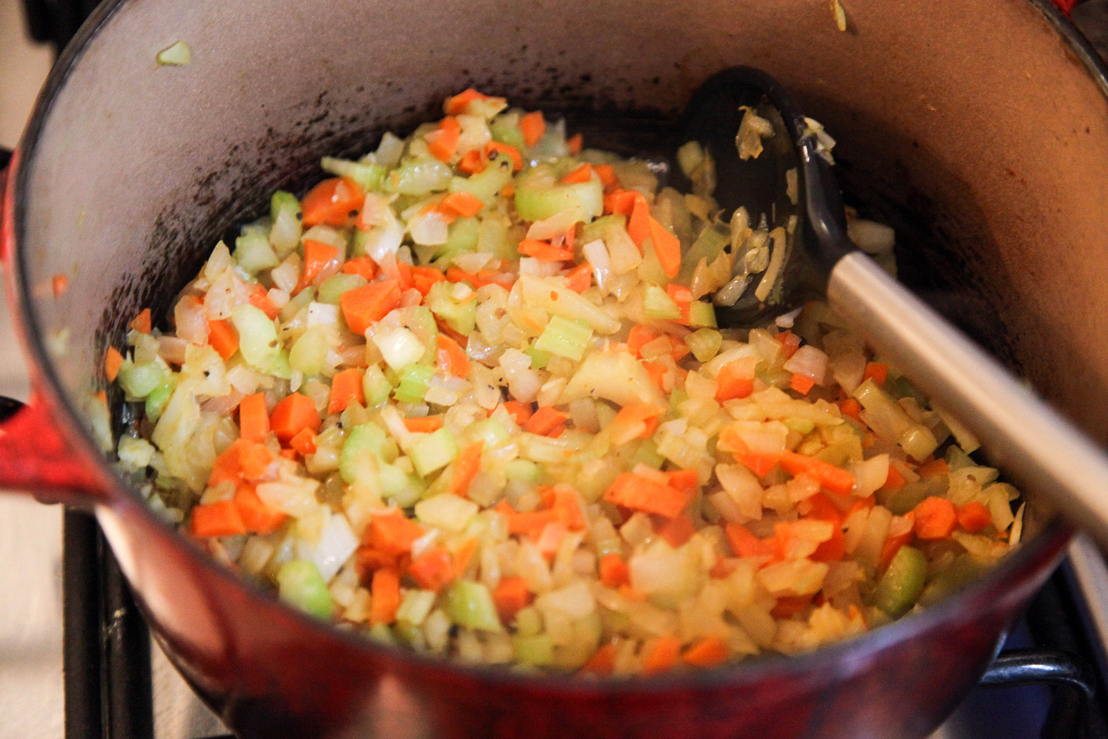 cooking onions, carrots, celery for Braised Short Ribs